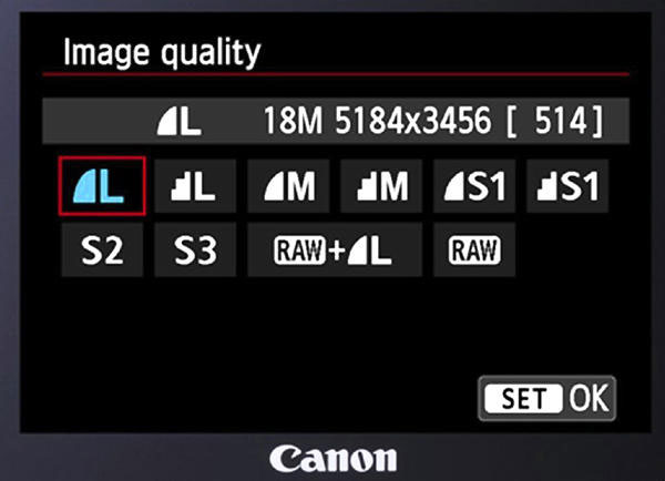 Écran arrière d'un réflex Canon proposant de choisir le format RAW